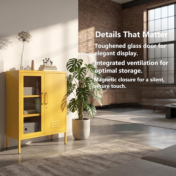 Yellow Lockable Glass & Metal Door Storage Cabinet, 3-Tier Freestanding Locker Organizer with 2 Adjustable Shelves, Multipurpose Unit for Home, Entryway, Hallway, 33" H x 29.5" W x 13.8" D