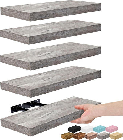 Sorbus Floating Shelves for Wall – 16 Inch Floating Shelf for Kitchen, Bedroom, Living Room, Bathroom, Home & Wall Decor - Mounted Bathroom Shelves with Invisible Brackets (Grey, 5 Pack)