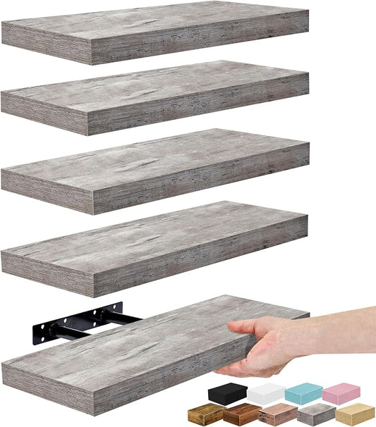 Sorbus Floating Shelves for Wall – 16 Inch Floating Shelf for Kitchen, Bedroom, Living Room, Bathroom, Home & Wall Decor - Mounted Bathroom Shelves with Invisible Brackets (Grey, 5 Pack)