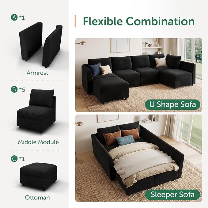 HONBAY Modular Sectional Couch L Shaped Sectional Sofa with Storage Velvet Convertible Sectional Couches for Living Room,Black