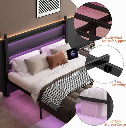 CLIBFENG Twin Bed Frame with Headboard and Footboard,Steel Slats Support-LED Bed Frame with USB Charging Station,Mattress Foundation-Under Bed Storage,No Box Spring Needed,Noise Free,Black