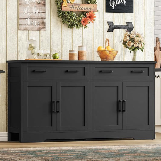 usikey Buffet Cabinet with Storage and Drawers, 55" Large Sideboard Buffet Cabinet with Adjustable Shelves and Doors, Modern Coffee Bar for Kitchen, Living Room, Black