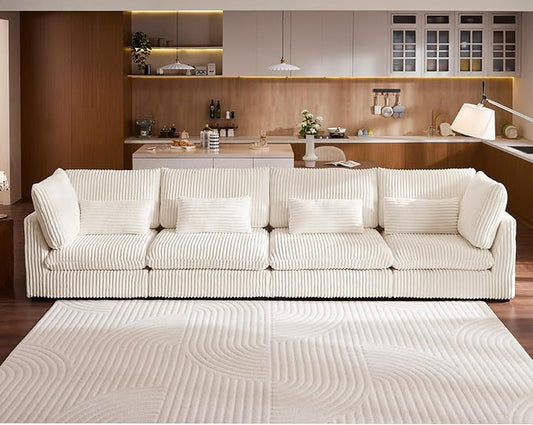154" Oversized Corduroy Couch Modular Sectional Sofa, Washable Cloud Couch Sectional, 4 Seater Sectional Couches for Living Room, Fully Cover Removable, Basic 4 Seater, Corduroy, White