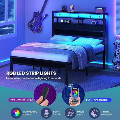 Sweetcrispy Bed Frame Full Size with LED Lights and Charging Station, Sturdy Platform Beds Frame with Storage Drawers, 3-Tier Shelves and Under Bed Storage, No Box Spring Needed, Black