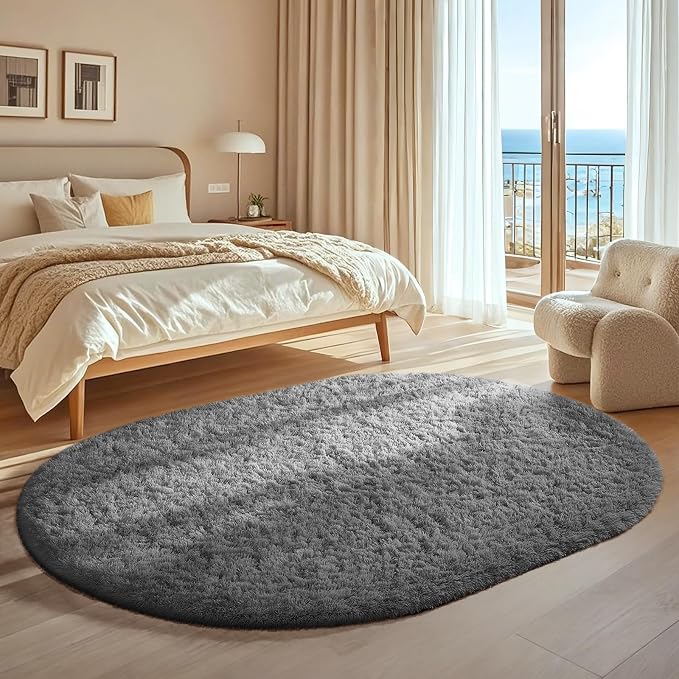 Ophanie 4x6 Oval Grey Rugs for Bedroom Living Room,Fluffy Fuzzy Furry Carpet,Plush Soft Shaggy Bedside Indoor Floor Area Rug for Kids Girls Boys Baby Teen Dorm Decor with Over 99 pcs Pile fibers