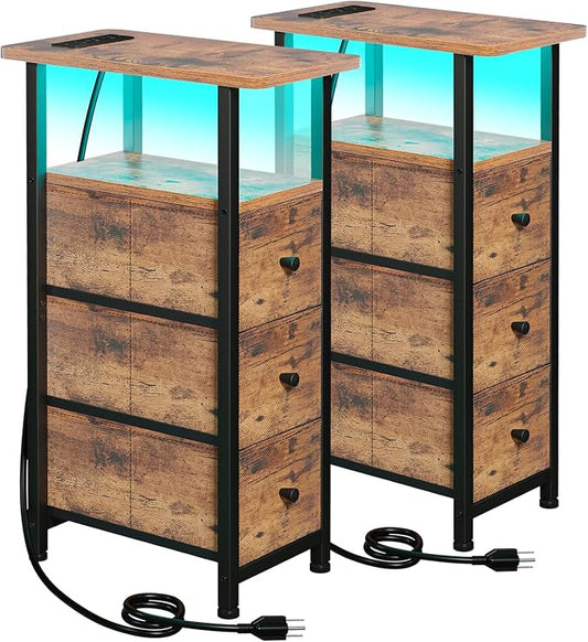 LOAKEKEL Narrow End Tables Living Room Set of 2 with Charging Station, Skinny Side Table with Fabric Drawers, Slim LED Nightstand for Bedroom, Small Spaces, Couch, Rustic Brown, HETNDP03LPBR