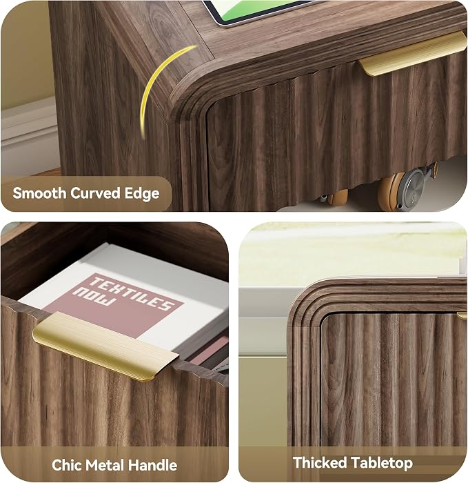 Decofy Fluted Nightstand with Charging Station, Modern Bedroom Side Table with Gold Handles, Curved Profile Design, End Table Wood Organizer for Bedroom, Open Shelf & 1 Drawers (1 Pack, Walnut)