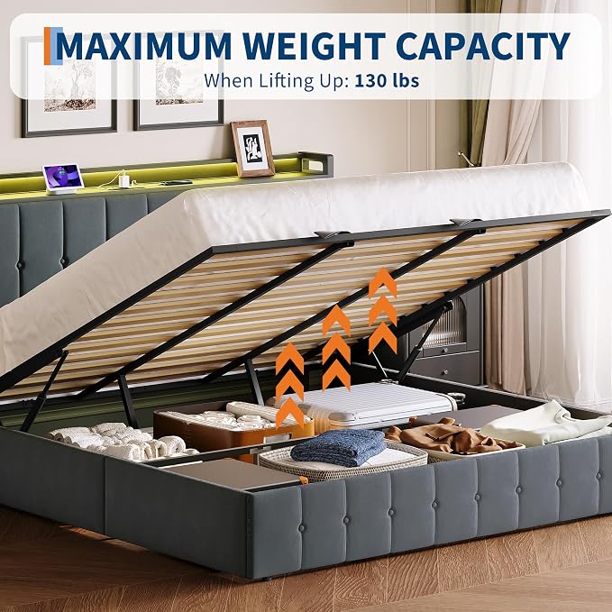 Garvee King Size Lift Up Storage Bed with LED Lights, Upholstered Velvet Bed Frame with Storage Headboard & Charging Station, Metal Platform Bed, No Box Spring Needed, Solid Wooden Slats, Grey