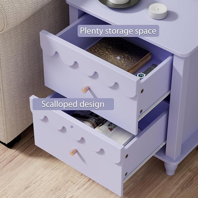 Anbuy Purple End Table Set of 2 with Petal Pattern, Modern Night Stand Set 2 with 3 Drawers for Bedroom, Side End Table Scalloped Bedside Night Tables with Solid Wood Legs