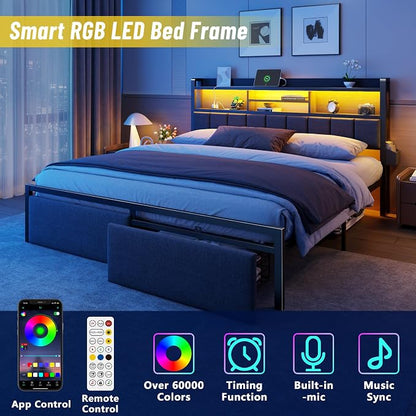 Furnulem King Bed Frame with Wood Headboard & Storage Drawers, Metal Platform Bed Frames King Size with LED Lights, Built in Charging Station, No Box Spring Needed, No Noise, Easy Assembly, Black