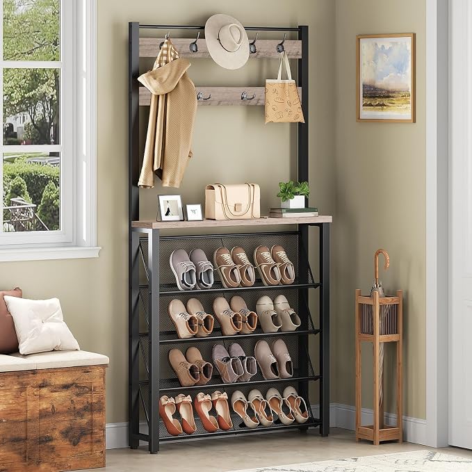 HOOBRO Hall Tree with Bench, Narrow Shoe Rack with Coat Rack, Coat Rack with Shoe Storage, 5 Tier Slanted Shoe Storage Organizer, Coat and Shoe Rack Entryway, Slim Hall Tree, Greige BG20MT01