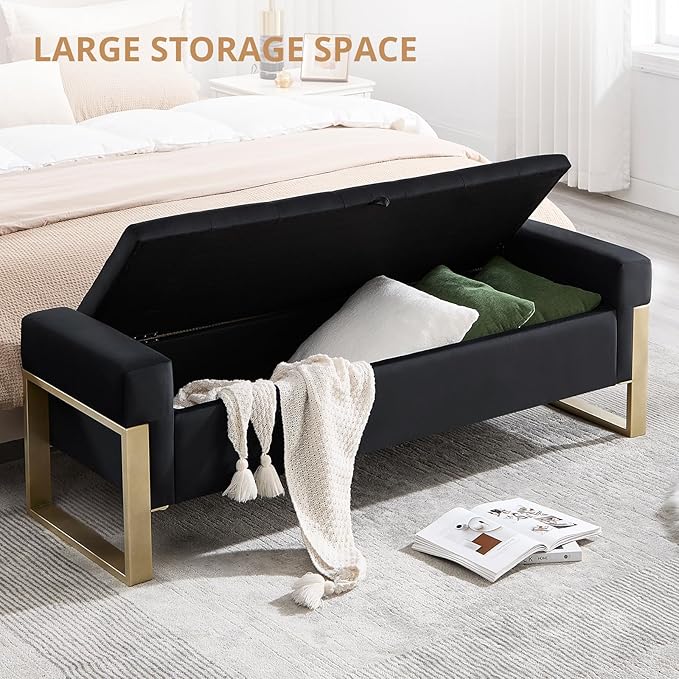 End of Bed Storage Bench, 67'' Benches for Bedroom Foot of Bed King Size, Upholstered Velvet Tufted Storage Ottoman Bench with Gold Legs for Window Living Room Entryway, Black