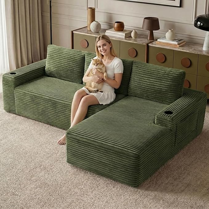 104.3" Modular Sectional Sofa,Modern Corduroy Cloud Couch with Cup Holder & Side Pockets,Boneless Couch Upholstered 4-Seater L-Shaped Sofa for Living Room,No Assembly (Green, Right-Facing Chaise) | with Cup Holder