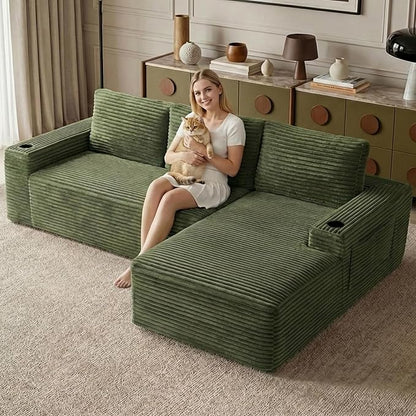 104.3" Modular Sectional Sofa,Modern Corduroy Cloud Couch with Cup Holder & Side Pockets,Boneless Couch Upholstered 4-Seater L-Shaped Sofa for Living Room,No Assembly (Green, Right-Facing Chaise) | with Cup Holder