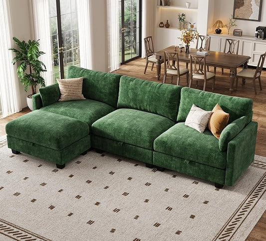 Modular Sectional L Shaped Sofa Couches for Living Room, Cloud Couch with Storage Ottoman, Comfy Chenille Sofa with Pillow, Green