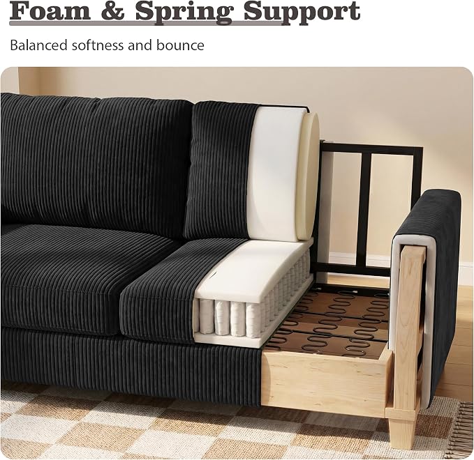 Apicizon Modern Loveseat & 3-Seater Sofa Set of 3, Corduroy Couch 3 Piece Sofa Set for Living Room, Modern Lounge Sofa Couches for Apartment Lounge, Black Corduroy