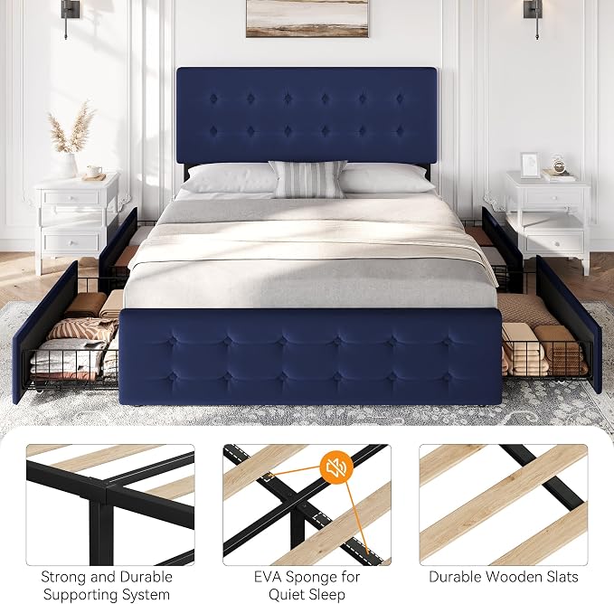 IDEALHOUSE Full Size Bed Frame with 4 Storage Drawers and Headboard, Velvet Upholstered Platform Bed Frame with Wooden Slats Support, Button Tufted Design, No Box Spring Needed, Blue