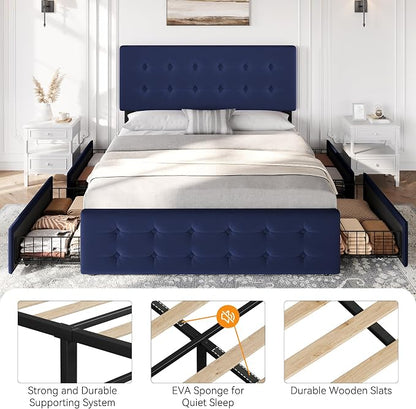 IDEALHOUSE Full Size Bed Frame with 4 Storage Drawers and Headboard, Velvet Upholstered Platform Bed Frame with Wooden Slats Support, Button Tufted Design, No Box Spring Needed, Blue