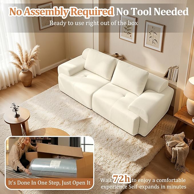 85" Oversized Boneless Couch, Comfort Cloud Sectional Couches for Living Room, Modular Sofa High Back & Extra Deep Seat, No Assembly, Soft Chenille Fabric (Warm White, 85 inch- Shaped（2+0）)