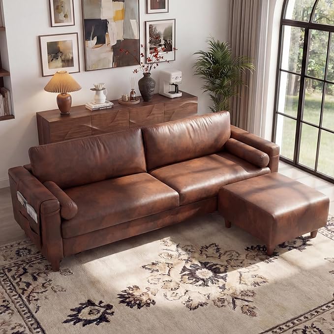 Vesgantti 100" PU Faux Leather Couch with Movable Ottoman, Large 3 Seater L Shaped Leather Sectional Sofa with Side Pocket, Comfy Mid Century Modern Modular Sofa for Living Room, Apartment, Cocoa