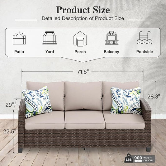 HERA'S HOUSE Outdoor Patio Sofa, 3-Seat Wicker Couch with Waterproof Thick Cushions, Deep Seating Furniture for Garden Porch Backyard, Beige