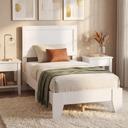Giantex Twin Size Wooden Bed Frame with Headboard, Wood Slat Support | Modern Platform Bed with Heavy Duty Mattress Foundation, Under-Bed Storage, No Box Spring Needed, Easy Assembly (White)