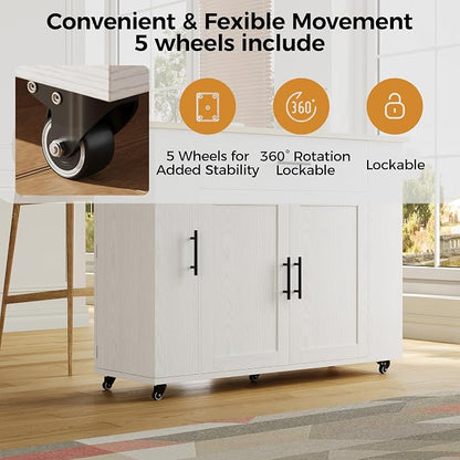 IRONCK Rolling Kitchen Island Table on Wheels with Drop Leaf, Storage Cabinet and Drawer, 52 in Kitchen Cart with Spice and Towel Rack for Kitchen, White