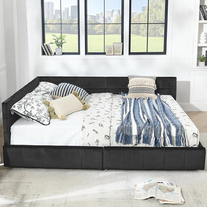 Queen Size Corner Bed Frame with Storage Drawers, Comfortable Backrest and Armrests, Velvet Tufted Corner Bed Frame Queen Size, Upholstered Daybed for Bedroom, Living Room, Guest Room, Black