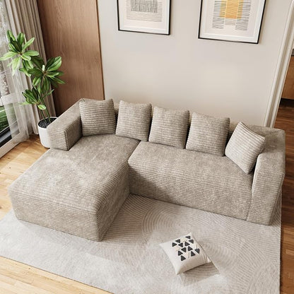 Oversized L Shaped Boneless Sectional Couches for Living Room, 107" Comfy Fluffy Cloud Modular Sectional Sofa, Plush Corduroy Memory Foam Floor Sofa with Left Facing Chaise Couch