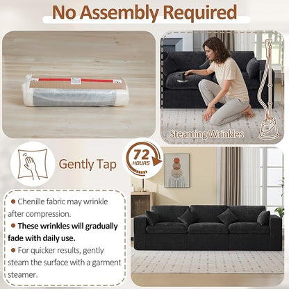 115''Cloud Boneless Sectional Couch, Modular Sectional Sofa Deep Seat, Oversized Upholstered Convertible Comfy 3 Seater Chenille Memory Foam Sofa Couches for Living Room, Dark