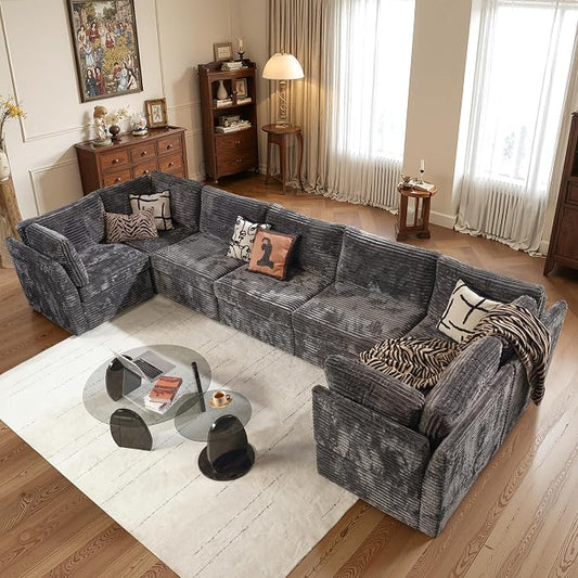 ovios Modular Sectional Sofa Couch with U-Shape Chaise Oversized, Comfy Plush Corduroy Cloud Couches, Modern Luxury Deep Seat Sofas Set for Living Room, 7-Seater, Grey