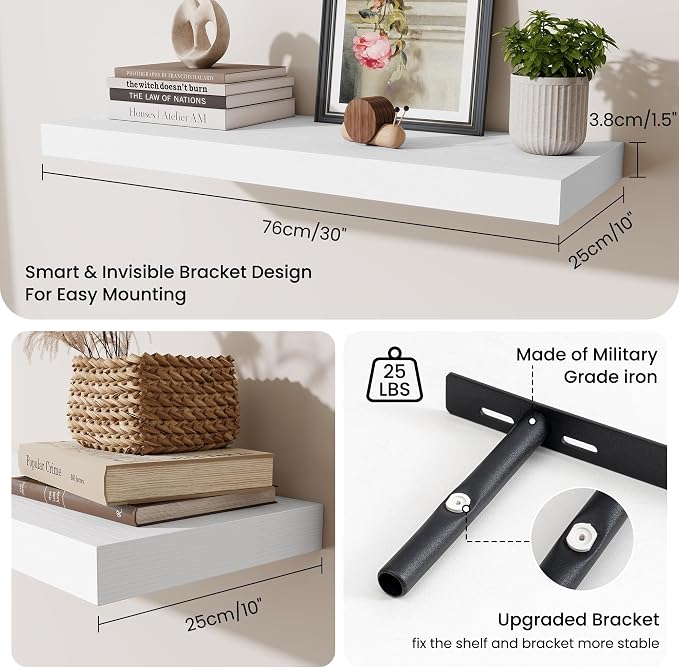 Fun Memories Floating Shelves for Wall, 30 Inch Long Floating Shelves Set of 2, 30 x 10 Wooden Shelves for Wall, Large Storage Shelves, Hanging Shelves for Bathroom Kitchen Bedroom, White