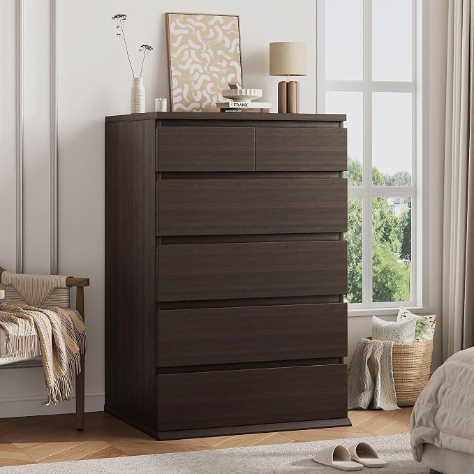 Jocoevol Brown Tall 6 Drawer Dresser for Bedroom,Dressers & Chests of Drawers with Jewelry Storage,Wood Storage Dresser with Deep Drawers for Living Room Hallway Entryway(40.75" L*23.62" W*15.75")