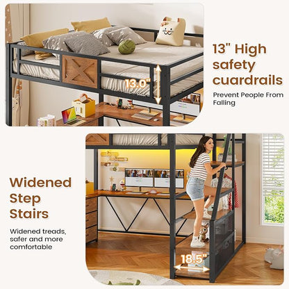 Itaar Full Size Loft Bed with Desk and Storage Stairs, Metal Loft Bed with 6 Storage Drawers, Hall Tree, LED Lights and Power Outlet, for Kids, Teens, Adults, (Rustic Brown, Full)