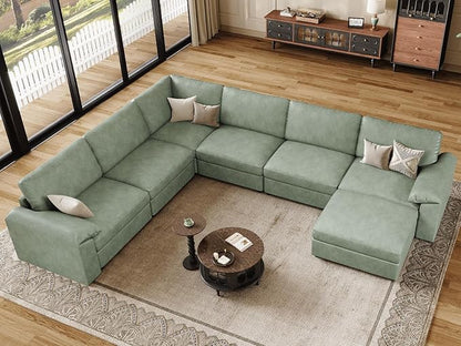 EASE MOOSE Faux Leather Sectional with Ottoman,Oversized Modular Couch,Vintage Modular Sectional Sofa with Deep Seat,Scratch Resistant Faux Leather Material,U Shaped Couch for Big Spaces, Green