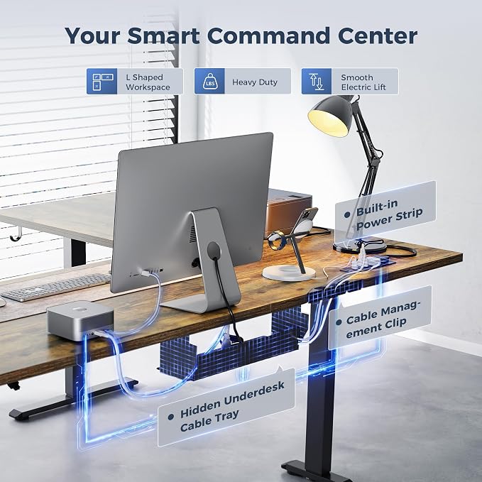 Klicelor L Shaped Standing Desk 63 x 48 Inch,Electric Height Adjustable Corner Desk with Cable Management & Power Outlets, Ergonomic Sit Stand Up Computer Table for Home Office,Rustic Brown