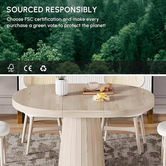 homary Extendable Dining Table for 6,Round to Oval 39"-55", Solid Wood Kitchen Table, Space-Saving Design for Small Spaces & Family Gatherings