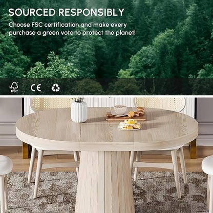 homary Extendable Dining Table for 6,Round to Oval 39"-55", Solid Wood Kitchen Table, Space-Saving Design for Small Spaces & Family Gatherings