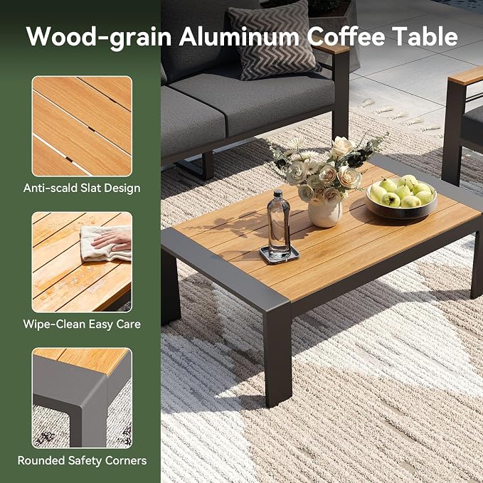 Aoxun Patio Furniture Set, 5 Piece Aluminum Patio Sets with 5" Thicken & Washable Cushion, Waterproof Outdoor Furniture with Coffee Table, Outdoor Couch Sectional for Backyard, Porch and Garden