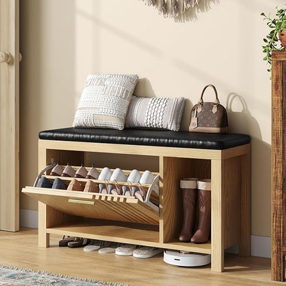 UNIQUITE 40" Shoe Storage Bench with Flip Drawers & Padded Seat Cushion, Open Compartments & Slatted Doors, Entryway Bench with Shoe Storage for Entryway, Hallway, Living Room, Bedroom, Natural