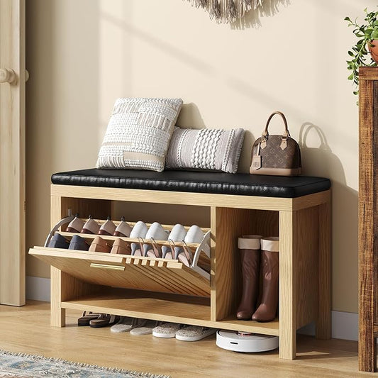 UNIQUITE 40" Shoe Storage Bench with Flip Drawers & Padded Seat Cushion, Open Compartments & Slatted Doors, Entryway Bench with Shoe Storage for Entryway, Hallway, Living Room, Bedroom, Natural