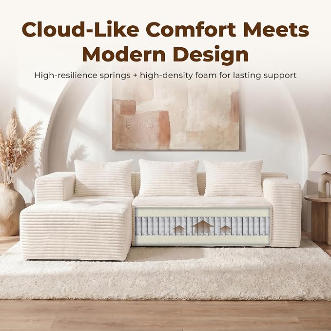 Modular Sectional L-Shaped Sofa with Deep Seat, Modern Boneless Comfy Corduroy Fluffy Couch with Side Pockets and Anti-Slip & Floor-Friendly Bottom for Living Room, No Assembly, White