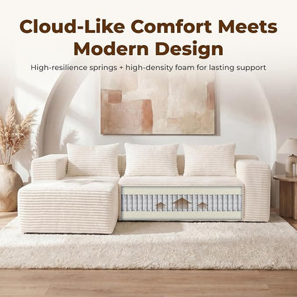 Modular Sectional L-Shaped Sofa with Deep Seat, Modern Boneless Comfy Corduroy Fluffy Couch with Side Pockets and Anti-Slip & Floor-Friendly Bottom for Living Room, No Assembly, White