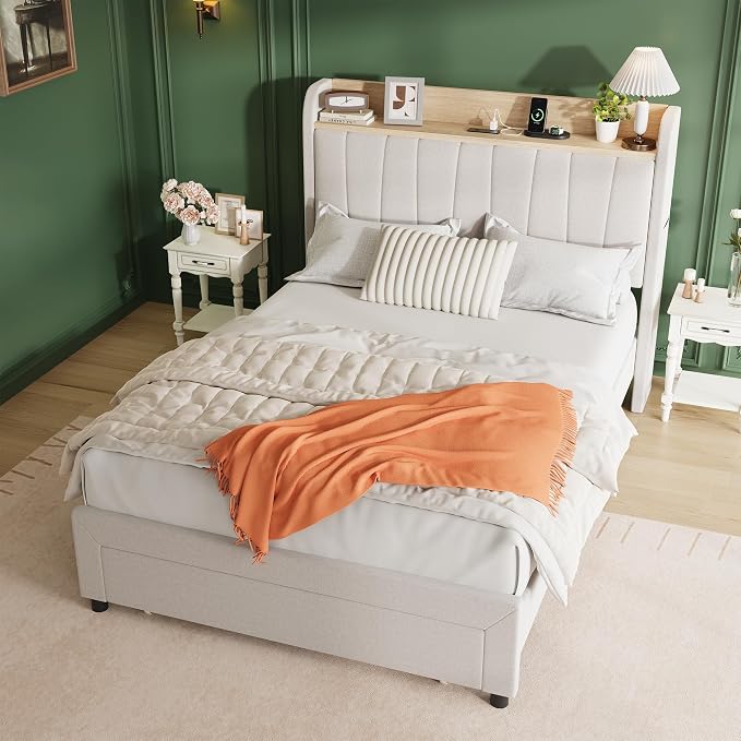 GarveeHome Twin Size Bed Frame with Storage Headboard and Charging Station, Upholstered Platform Bed Frame with Drawers, Heavy Duty, No Box Spring Needed, Easy Assembly, Beige