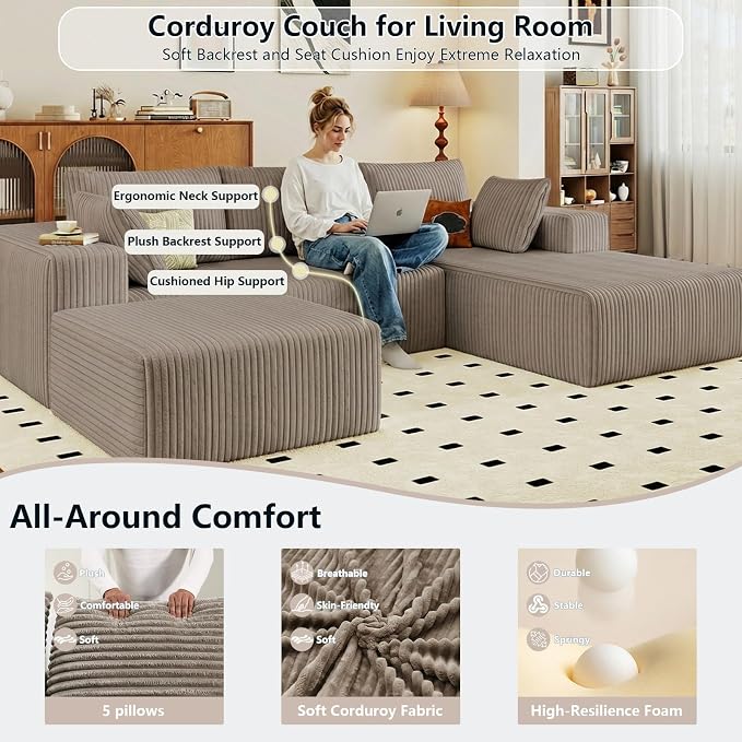 95" Cloud Sectional Couch U-Shaped Chaise with Ottoman, Corduroy Boneless Couch for Living Room Bedroom, Deep-Seat Upholstered Modular Cloud Sofa, No Assembly Required (Camel, Right Facing Chaise)