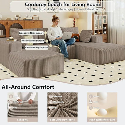 95" Cloud Sectional Couch U-Shaped Chaise with Ottoman, Corduroy Boneless Couch for Living Room Bedroom, Deep-Seat Upholstered Modular Cloud Sofa, No Assembly Required (Camel, Right Facing Chaise)