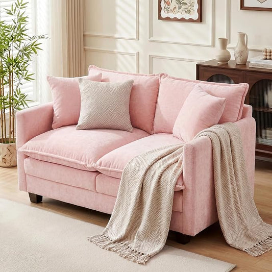 Loveseat Sofa Couch, Small Mini Compact 50" Love Seat 27" Deep Cloud Sofa Seat Washable Chenille Pillow for Apartment Bedroom Dorm Attic Studio Office Living Room Small Space 8833-PINK
