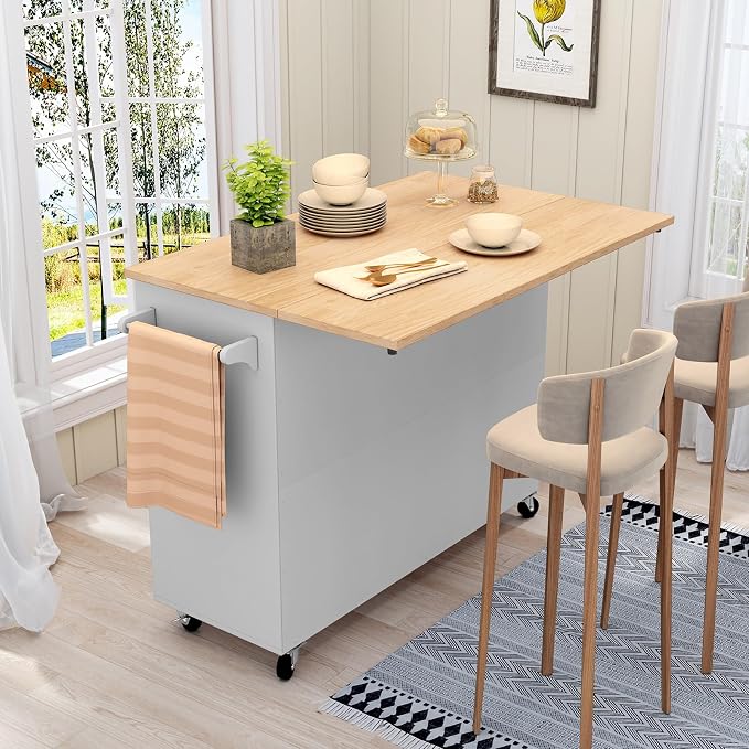 HLR Kitchen Island with Storage, Grey Rolling Kitchen Island on Wheels with Drop-Leaf Bar Countertop, Prep Table with Side Open Spice Rack and Tower Rack, Home Bar Carts with Storage