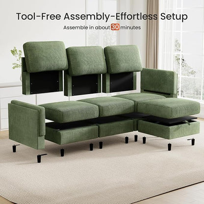 KKL Modular Sectional Sofa Bed with Storage Ottoman, Convertible L/U-Shaped Sleeper Couch for Living Room, Modern Reversible Design (Green, 4 Seat L Shape)