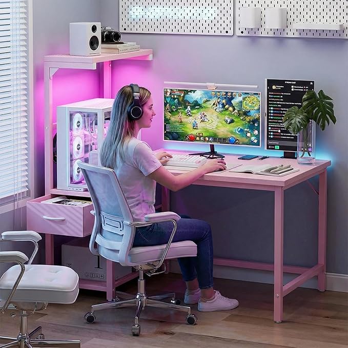 Grandder Gaming Desk 47 Inch with CPU Stand and LED Light, Computer Desk with Reversible Shelves and Storage Drawer, Pc Small Desk for Home Office Table with Bag, Pink